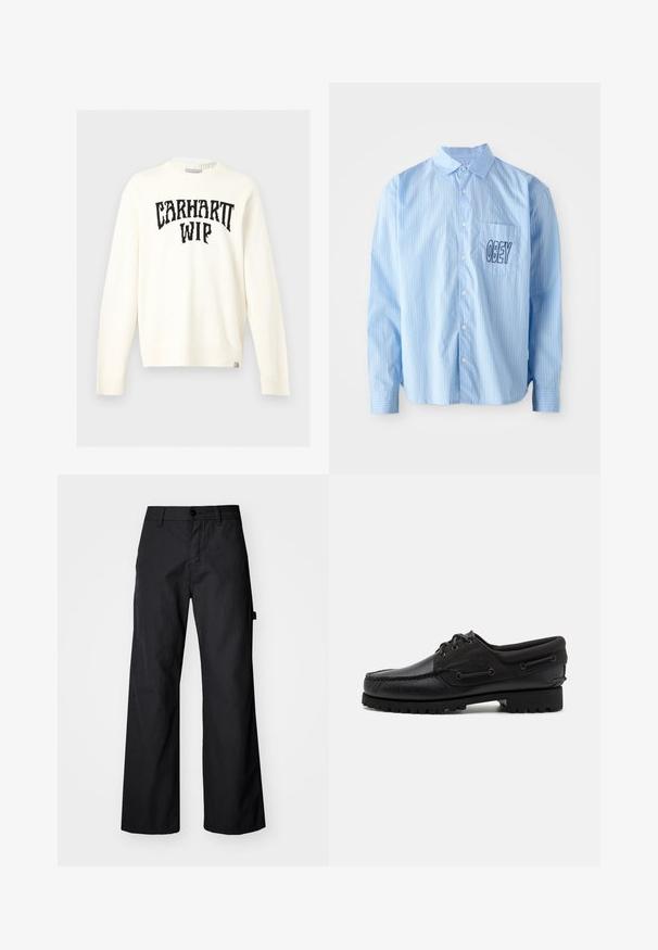 Svetlobéžový sveter s dlhým rukávom a okrúhlym výstrihom, s čiernym nápisom „CARHARTT WIP“ na hrudi a malou značkovou etiketu v spodnom leme.; Svetlomodrá pruhovaná košeľa s dlhým rukávom, ktorá má náprsné vrecko s výšivkou "OBEY" v tučnom čiernom písmene.; Čierne, široké nohavice vyrobené z odolného materiálu. Obsahujú zapínanie na gombík a bočné vrecká. Hladká textúra s čistým dizajnom.; Čierna obuv s koženým zvrškom, textilnými akcentmi, okrúhlymi šnúrkami a textúrovanou gumovou podrážkou. Obsahuje mokasínové šitie a detaily s brandingom.