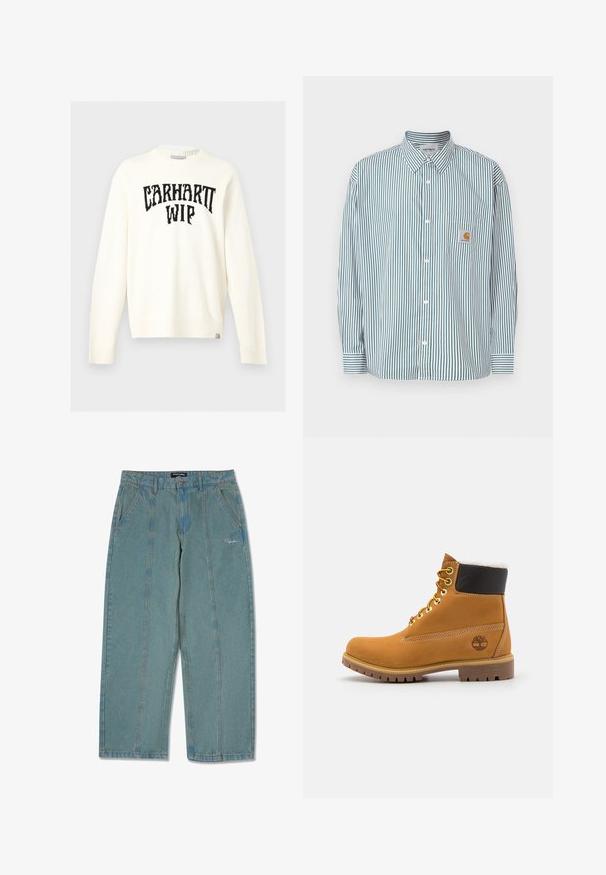 Pull à manches longues col rond écru avec le texte noir "CARHARTT WIP" sur la poitrine et une petite étiquette de la marque en bas de l’ourlet.; Chemise rayée vert et blanc, dotée d'un col boutonné, de manches longues, d'une poche avant et d'une petite étiquette logo.; Pantalons en denim bleu clair, non usés, avec une coupe droite, comportant des poches avant et un logo brodé discret près de la taille.; Bottine en cuir brun avec œillets en métal, doublure en fourrure blanche, col rembourré noir, semelle robuste et logo en relief sur le côté.