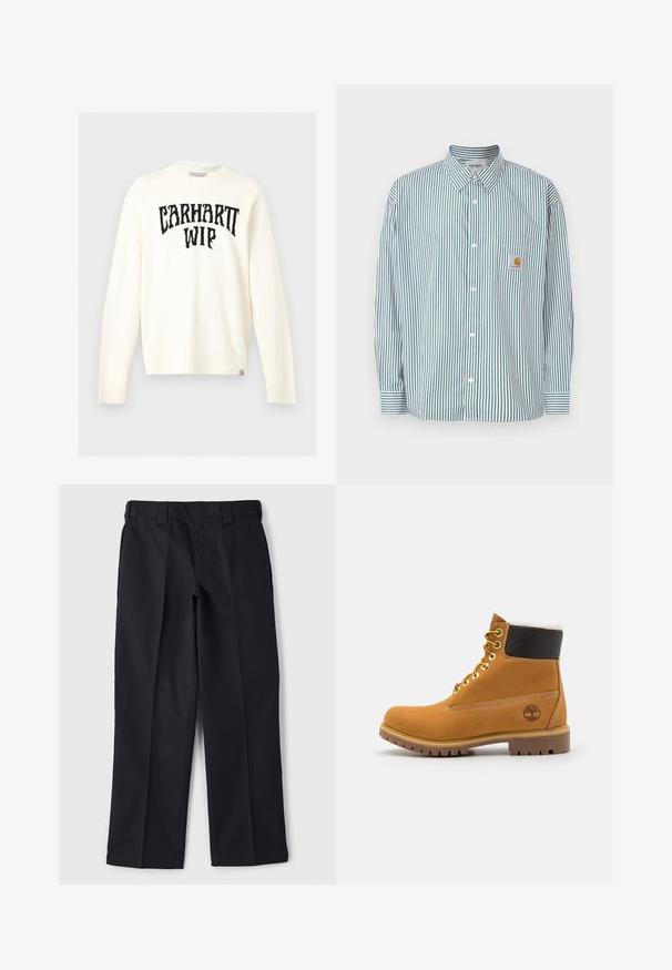 Off-white langærmet crewneck sweater med sort "CARHARTT WIP" tekst tværs over brystet og et lille mærke nederst på kanten.; Stribet skjorte i grøn og hvid med knappet krave, lange ærmer, brystlomme og et lille logomærke.; Sorte bukser lavet af slidstærkt stof, med en lige pasform, taljebånd med bæltesløjfer og uden synlige lommer eller dekorationer.; Brune læder ankelstøvle med metaløjer, hvid pelsforing, sort polstret krave, robust sål og præget logo på siden.