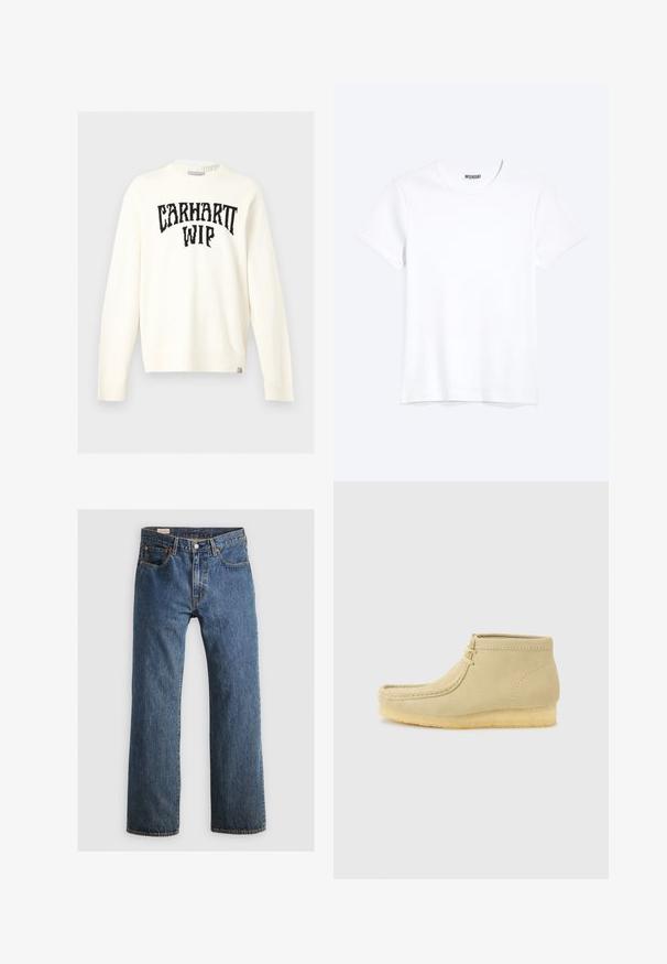 Svetlobéžový sveter s dlhým rukávom a okrúhlym výstrihom, s čiernym nápisom „CARHARTT WIP“ na hrudi a malou značkovou etiketu v spodnom leme.; Jednoduché biele tričko s krátkym rukávom a okrúhlym výstrihom s viditeľnou značkou WEEKDAY na golieri, zobrazené na svetlom pozadí.; Modré denimové džínsy so rovnými nohavicami, s piatimi vreckami, zipsom a oranžovými švami. Tkanina má klasickú vyblednutú textúru.; Béžový semišový členkový mokasín s podrážkou z krepy a šnurovaním vpredu, na jednofarebnom svetlosivom pozadí.