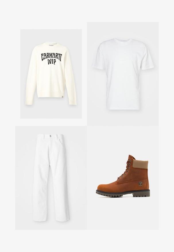 Off-white langærmet crewneck sweater med sort "CARHARTT WIP" tekst tværs over brystet og et lille mærke nederst på kanten.; Hvid bomulds T-shirt med korte ærmer, rund halsudskæring og en glat tekstur. Enkel design uden mønstre eller grafik.; Hvide denimbukser med lige ben-design, der har en frontknap og lynlås lukning, fem lommer og en ren, tekstureret overflade.; Timberland Snørestøvletter - medium orange