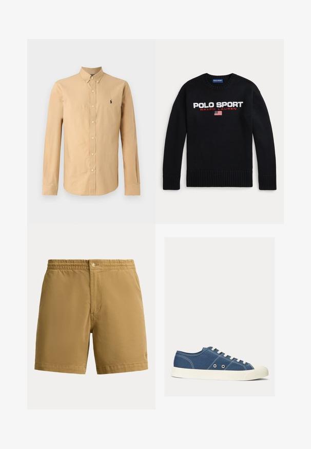 Musta pyöreäkauluksinen neulepaita, jossa on teksti "POLO SPORT RALPH LAUREN" ja pieni amerikkalainen lippu brodeerattuna rinnukseen.; Pitkähihaista napittavaa paitaa vaaleanbeigeä puuvillaa. Varustettu teräväkauluksella ja pienen mustan logon kanssa vasemmassa rinnassa. Sujuva pinta.; Beigen väriset miesten shortsit, joissa joustava vyötärönauha ja napitus, yksinkertainen malli, polven yläpuolelle ulottuva pituus, valmistettu sileästä kankaasta.; Siniset kangaskengät, joissa on valkoiset kumipohjat, matala leikkaus, pyöreä kärki ja viisi reikää nauhoille. Valkoiset ompeleet korostavat.