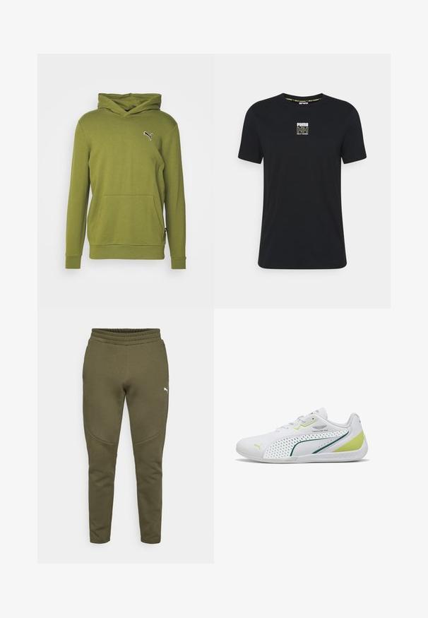 Puma BETTER ESSENTIALS - Hættetrøje - olive green; Sort kortærmet T-shirt lavet af bomuld, med et lille hvidt og gult PUMA-logo på brystet og et mønstret halsudskæring.; Olivengrønne sweatpants med en tætsiddende pasform, elastisk talje og et lille hvidt logo på venstre side. Blødt stof med en glat overflade.; Hvid Puma sneaker med grønne og gule accenter, Aston Martin Formula One Team logo, snørebånd og lavprofilssål.