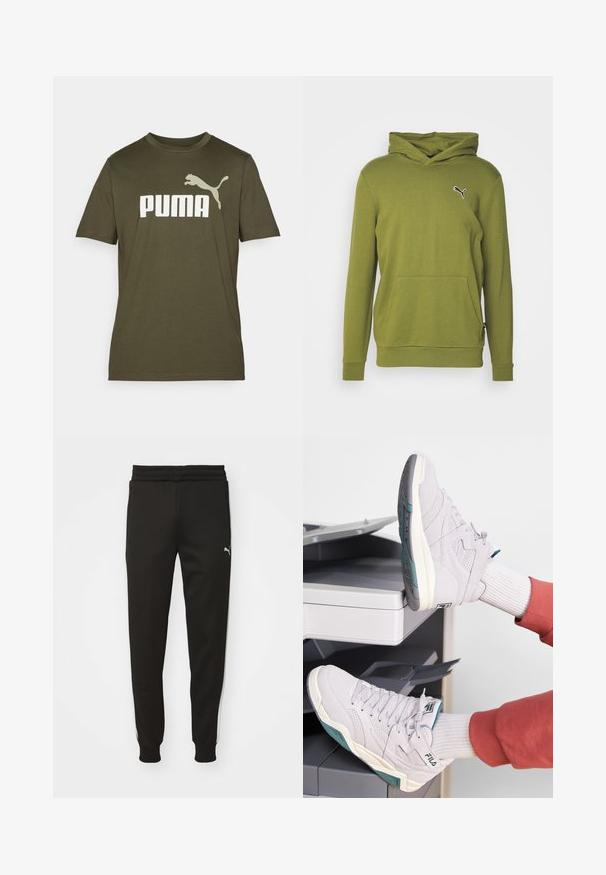 Puma BETTER ESSENTIALS - Hoodie - olive green; Olijfgroene katoenen T-shirt met een groot wit "PUMA" logo en een springende puma graphic op de linkerschouder. Korte mouwen, ronde hals.; Zwarte sportbroek met een tapering fit, elastische tailleband, zijzakken en witte zijkanten. Bevat een klein logo op de linkerdij.; Lichtgrijze suède sneakers met witte veters, teal accenten en contrasterende rubberen zolen; tentoongesteld op een grijze printeroppervlak.