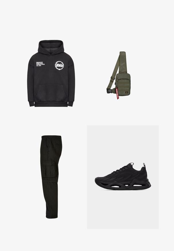 Schwarzer Hoodie mit einer Fronttasche, der weißer Text "DROPSIZE DESIGNED IN BERLIN EST. 2020" und ein kreisförmiges Logo auf der Brust enthält.; Schwarze Cargo-Hosen mit lockerer Passform, elastischem Bund, Seitentaschen und einer großen Cargotasche am Oberschenkel. Weicher, leichter Stoff.; Schwarzer Sportschuh mit strukturiertem Obermaterial, Schnürdesign, Zuglaschen an Zunge und Ferse sowie geformter Sohle mit Ausschnitt-Details.; Olivgrüne Umhängetasche aus strukturiertem Stoff, mit einer Reißverschlusstasche vorne und einem roten Markenetikett. Verstellbarer Träger für Komfort.