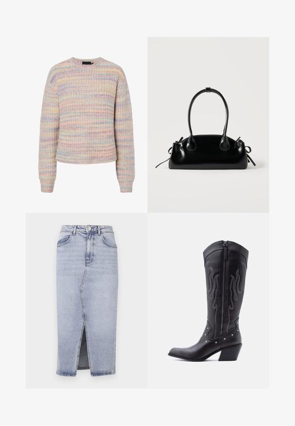 Pastel gestreepte trui van gestructureerde brei-stof. Bevat een ronde halslijn, lange mouwen en een losse pasvorm. Kleuren zijn roze, blauw en crème.; Lichtblauwe spijkerrok met hoge taille, rechte pasvorm, een split aan de voorkant en twee achterzakken. Voorzien van een knoopsluiting en subtiele stikseldetails.; Zwarte leren cowboylaarzen met een puntige neus, zichtbare stiksels, zilveren studaccenten en een ritssluiting aan de binnenkant.; Kleine zwarte glanzende handtas met twee lange hengsels en zijkant trekkoord details op een effen lichte achtergrond.