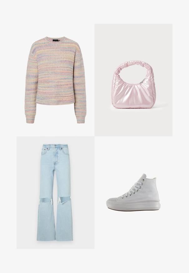 Pastel gestreepte trui van gestructureerde brei-stof. Bevat een ronde halslijn, lange mouwen en een losse pasvorm. Kleuren zijn roze, blauw en crème.; Lichtblauwe flared jeans van denim met versleten kniestukken, met een hoge taille en een ruwe zoom. Versterkte stiksels en klassieke vijf-pocket stijl.; Witte hoge canvas sneaker met witte veters, metalen oogjes, dikke rubberen zool en gestructureerde neuskap, naar links gericht op een witte achtergrond.; Roze, gevoerde handtas met een afgeronde vorm, gemaakt van glanzend materiaal. Beschikt over een geplooide handgreep en een ritssluiting voor veilige toegang.