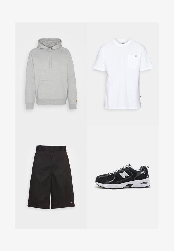 Grauer Kapuzenpullover mit einer Kängurutasche, gerippten Bündchen und Saum, mit einem Logopatch am linken Ärmel. Weicher Stoff.; Weißes Baumwoll-T-Shirt mit Rundhalsausschnitt, kurzen Ärmeln und einer Brusttasche, die auf der linken Seite ein kleines Markenlogo aufweist.; Schwarze Baumwollshorts mit geradem Schnitt, knielang, mit sichtbar eingesticktem Markenzeichen am Saum und einer glatten Textur.; Schwarze und graue Sportschuhe mit Obermaterial aus Mesh und Wildleder, ausgestattet mit einer weißen Zwischensohle, Schnürsenkeln und einem markanten "N"-Logo an der Seite.