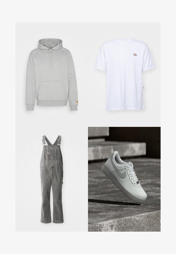 Grauer Kapuzenpullover mit einer Kängurutasche, gerippten Bündchen und Saum, mit einem Logopatch am linken Ärmel. Weicher Stoff.; Weißes Baumwoll-T-Shirt mit V-Ausschnitt und kurzen Ärmeln. Besitzt ein kleines, buntes, gesticktes Logo auf der linken Brustseite. Weiches Material.; Graue Denim-Overalls mit verstellbaren Trägern, einer Brusttasche vorne, Seitentaschen und einem ausgestellten Bein. Robuster Stoff und entspannter Schnitt für Komfort.; Weißer Nike Air Force 1 Sneaker, der über einer strukturierten Betonoberfläche schwebt, mit Steinstufen im Hintergrund.