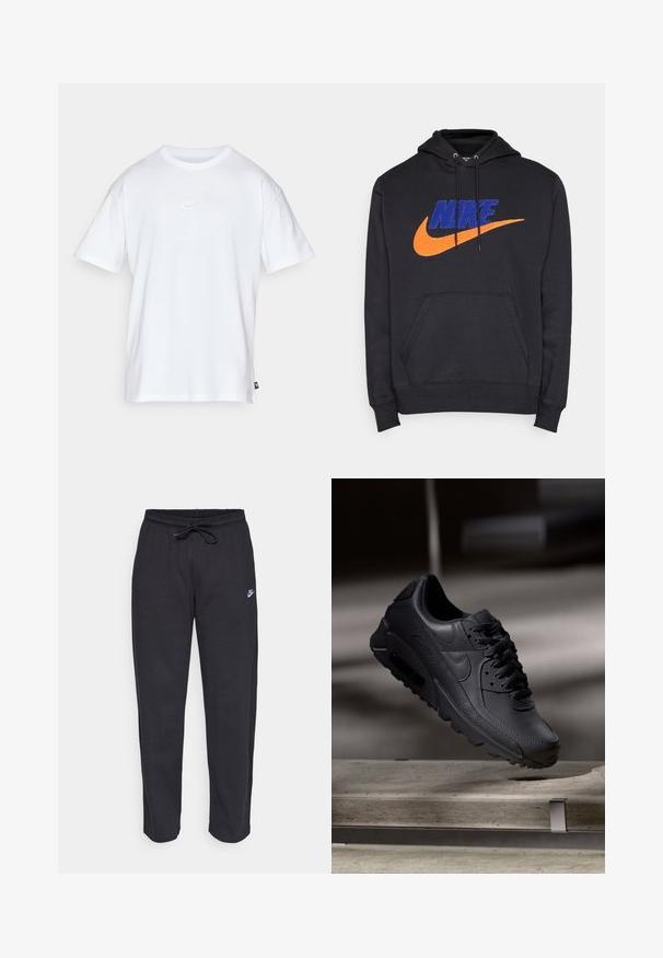 Nike Sportswear M NK CLUB BB PO CHNL FTRA - Kapuzenpullover - black/deep royal blue/safety orange; Weißes Baumwoll-T-Shirt mit kurzen Ärmeln und Rundhalsausschnitt. Verfügt über ein kleines, dezentes Nike-Logo auf der Brust und ein seitliches Etikett.; Schwarze Sweatpants aus weichem Stoff mit elastischem Bund, Kordelzug und kleinem Nike-Logo auf dem linken Oberschenkel.; Schwarze Nike Air Max Sneaker mit einem strukturierten Leder-Obermaterial, Gummisohle und auffälligem Schnürsystem, das ein schlankes, modernes Design präsentiert.