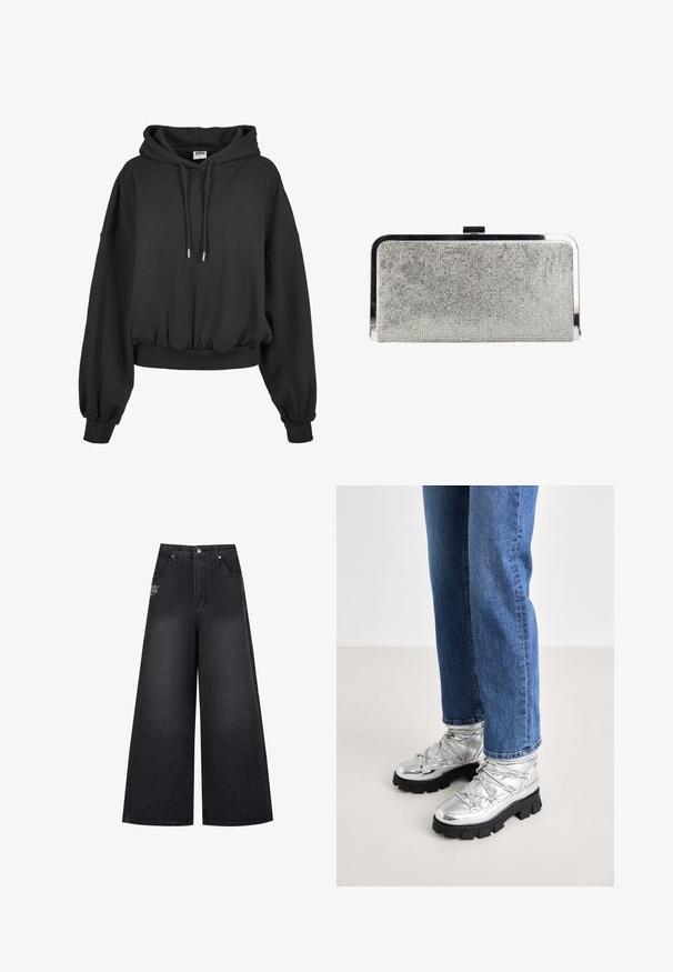 Sort hættetrøje med snøre i huen, løs pasform, brede ærmer og ribbet kant. Fremstillet af blødt stof med en glat tekstur.; Bredde sorte denimbukser med høj talje, der har diskrete syninger og et lille logo på den forreste venstre lomme.; Metallic sølv ankelstøvler med en robust sort sål, der har en polstret overdel og snørebånd, kombineret med blå lige ben jeans.; Rektangulær sølv clutch taske dækket af små rhinsten med en skinnende metallisk ramme og lås i toppen.