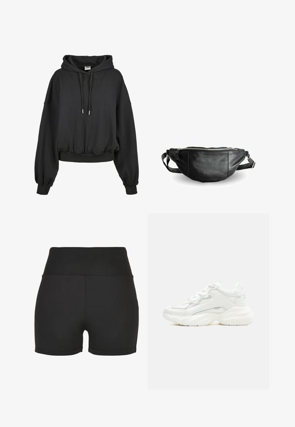 Zwarte hoodie met een trekkoordcapuchon, losse pasvorm, brede mouwen en geribde zoom. Gemaakt van zachte stof met een gladde textuur.; Zwarte high-waisted sportshorts gemaakt van slank, rekbaar materiaal. Bevatte gladde naden en een strakke pasvorm, ideaal voor sportkleding.; Witte chunky sneaker met dikke zool, veters aan de voorkant en een glad bovenwerk van synthetisch materiaal met subtiele stikdetails.; Still Nordic BASIC - Heuptas - black