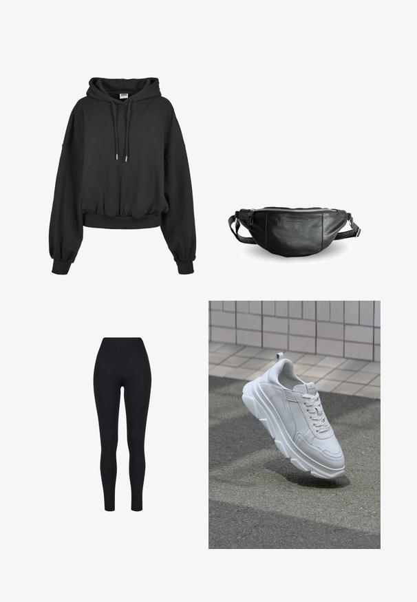 Sort hættetrøje med snøre i huen, løs pasform, brede ærmer og ribbet kant. Fremstillet af blødt stof med en glat tekstur.; Sorte højtaljerede leggings, lavet af strækbart stof, med en glat tekstur og en tætsiddende design uden synlige sømme eller mønstre.; Hvide lædersneakers med en tyk, tekstureret gummisål, der har snørebåndslukning og syninger. Rund tå og design med ankelstøtte.; Still Nordic BASIC - Bæltetasker - black