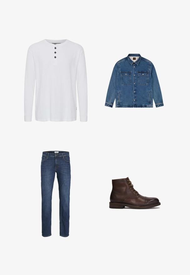 Hvid langærmet henley skjorte lavet af ribbet stof med rund hals og tre sorte knapper foran. Simple design med tætsiddende manchetter.; Denimblå jakke med krave, knaplukning foran, to brystlommer med klap, to sidelommer med slidser og lange ærmer.; Mørkeblå denim jeans med lige ben pasform, fem-lomme design og synlige syninger detaljer. Klassisk knap- og lynlås-lukning.; Kazar CYMONN - Snørestøvletter - brown