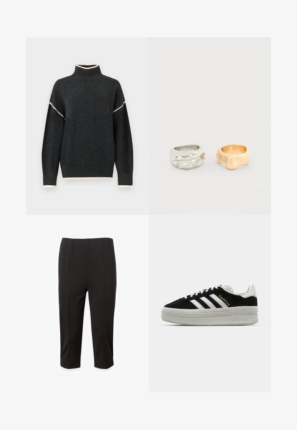 Mørkegrå strikket sweater med høj hals, hvid accentstikning langs ærmerne og kanten, med sænkede skuldre og en afslappet pasform.; Sorte cropped bukser lavet af glat stof, med en skræddersyet design der har frontfolder og lige snit. Ingen synlige lommer eller udsmykninger.; Sort ruskind sneaker med hvide læderdetaljer, tre hvide striber, flade snørebånd og en tyk grå platformsål. Guldfarvet "Gazelle" branding.; To uregelmæssigt formede ringe side om side, den ene sølv med teksturerede detaljer, den anden glat og mat guld.
