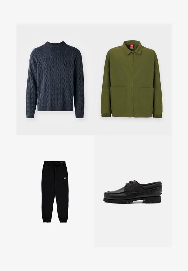 Pull en laine bleu marine tricoté avec un motif en câble, col ras du cou, et poignets et ourlet côtelés. Confectionné dans un tissu texturé pour plus de chaleur.; Veste zippée vert olive avec col pointu, deux poches avant à fermeture à pression, et poignets élastiques.; Pantalons de jogging noirs en tissu doux et extensible. Comprend une taille élastique avec cordon de serrage et des poignets élastiques. Petit logo blanc sur la hanche.; Chaussure noire avec un dessus en cuir, des accents textiles, des lacets ronds et une semelle en caoutchouc texturé. Présente des coutures mocassins et des détails de marque.