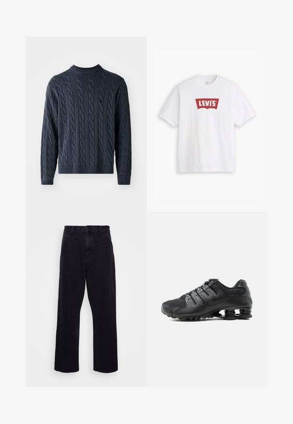 Dunkelblaues Strickpullover mit einem Kabelmuster, Rundhalsausschnitt sowie gerippten Bündchen und Saum. Hergestellt aus strukturiertem Stoff für zusätzliche Wärme.; Weißes Baumwoll-T-Shirt mit einem roten Levi's-Logo in geschwungener Gestaltung. Kurze Ärmel, runder Ausschnitt, glatte Textur, normale Passform.; Schwarze Jeanshose mit geradem Bein, ausgestattet mit einem Knopf- und Reißverschluss, Gürtelschlaufen und minimalen Nähdetails.; Schwarzer Sportschuh mit strukturiertem Obermaterial, Schnürverschluss und markanter federartiger Sohlenunterstützung, sichtbar auf weißem Hintergrund.