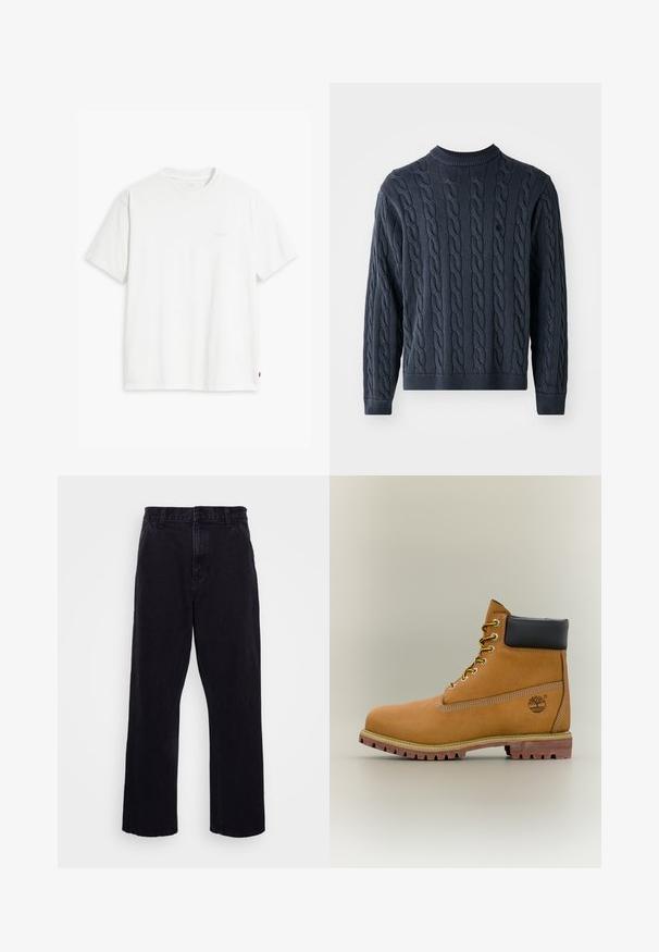 Donkerblauwe gebreide trui met een kabelpatroon, ronde hals en geribde manchetten en onderkant. Gemaakt van een textuurstof voor warmte.; Wit katoenen T-shirt met korte mouwen, ronde hals en een subtiel "Levi's" logo in een lichte kleur op de voorkant gedrukt.; Zwarte denim broek met een rechte pijpdesign, voorzien van een knoop- en ritssluiting, riemlussen en minimale stikdetails.; Bruine leren enkellaars met zwarte kraag, gele veters en een zandkleurige zool. Voorzien van een logo en witte stikseldetails. Robuuste loopzool met grip.