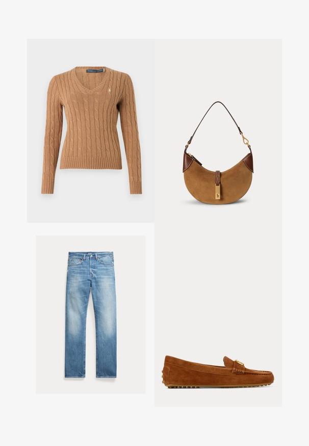 Hellbrauner, kabelgestrickter V-Ausschnitt-Pullover mit langen Ärmeln und gerippten Bündchen an Ärmeln und Saum, mit einem kleinen gestickten Logo auf der Brust.; Hellblaue Straight-Leg-Denim-Jeans mit leichtem Verblassen, Fünf-Taschen-Design und sichtbarem Polo-Markenlabel am Bund.; Brauner Veloursleder-Slipper mit goldener Schnalle und gummierter genoppter Sohle, von der Seite auf einfarbigem Hintergrund gesehen.; Braune Wildleder-Halbmonden-Handtasche mit dunkelbraunen Lederakzenten, goldfarbenen Beschlägen und kurzem Schulterriemen.