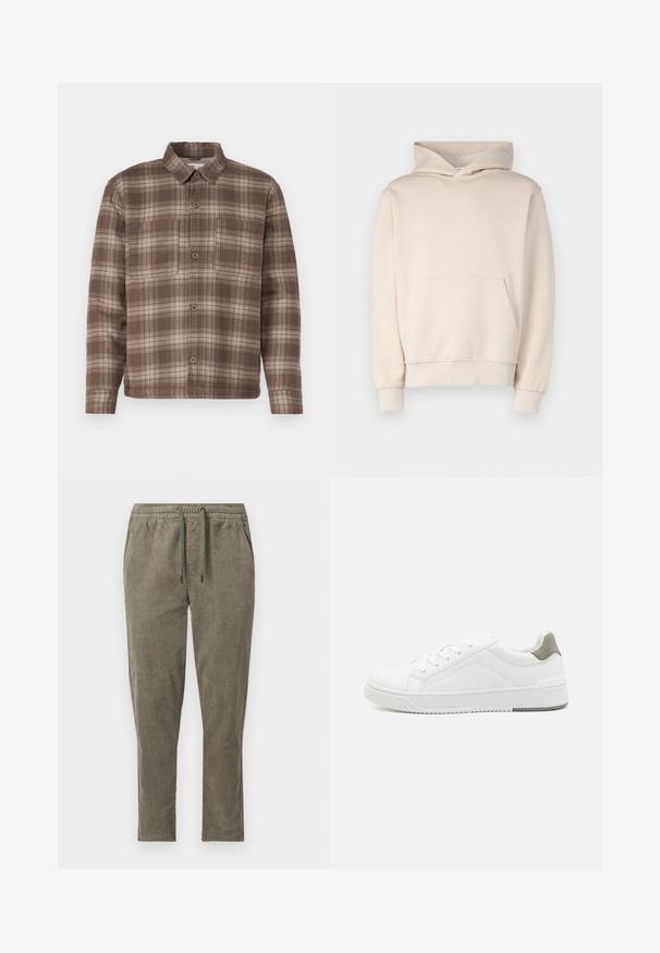 Beige Hoodie aus weichem Stoff, mit einer Fronttasche, gerippten Bündchen und einer Kapuze mit Kordelzug. Einfaches, schmuckloses Design.; Braun karierte Hemd mit spitzem Kragen, zwei Brusttaschen und Knopfschluss, aus einem weichen, strukturierten Stoff gefertigt.; Olivgrüne Cordhose mit elastischem Bund und Kordelzug, mit Seitentaschen und geradem Bein.; Weißer Sneaker aus glattem Leder, runde Zehenpartie, minimalistisches Design, graue Fersenkante und strukturierte Gummisohle.
