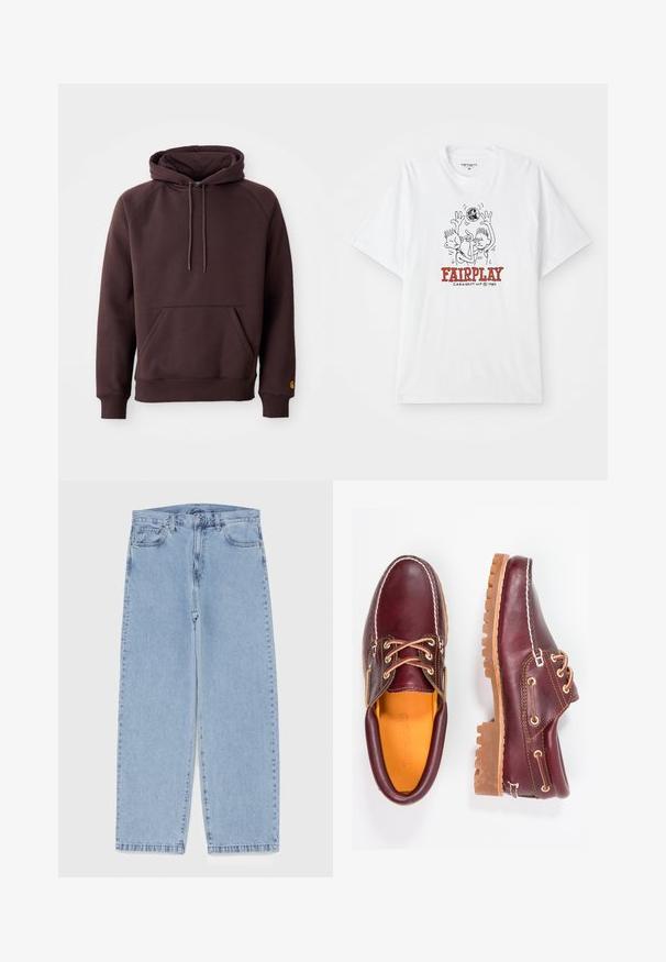 Bruine hoodie met een toonaangevende zak aan de voorkant, ribgebreide boorden en een trekkoordcapuchon. Zacht materiaal met een gladde textuur.; Witte katoenen t-shirt met een cartoonafbeelding van twee figuren die basketbal spelen, met "FAIRPLAY" in rode tekst onder het ontwerp.; Lichtblauwe denim jeans met een recht model, voorzien van een middelhoge taille, vijf zakken en een knoop- en ritssluiting.; Bordeaux leren schoenen met bruine rubberen zolen, ronde neus, witte stiksels en gouden veterogen. Het interieur heeft een gele voering.