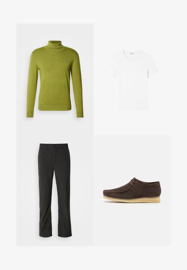 Scotch & Soda TURTLENECK SWEATER - Trui - calla green; American Vintage GAMIPY - T-shirt basic - blanc; Zwarte broek met streepjes en een rechte snit. Beschikt over een gladde textuur, een sluiting met knoop aan de voorkant en riemlussen.; Bruine suède schoen met een gladde afwerking, ronde neus en minimalistisch ontwerp. Voorzien van een lichtgekleurde rubberen zool en contrasterende veters.