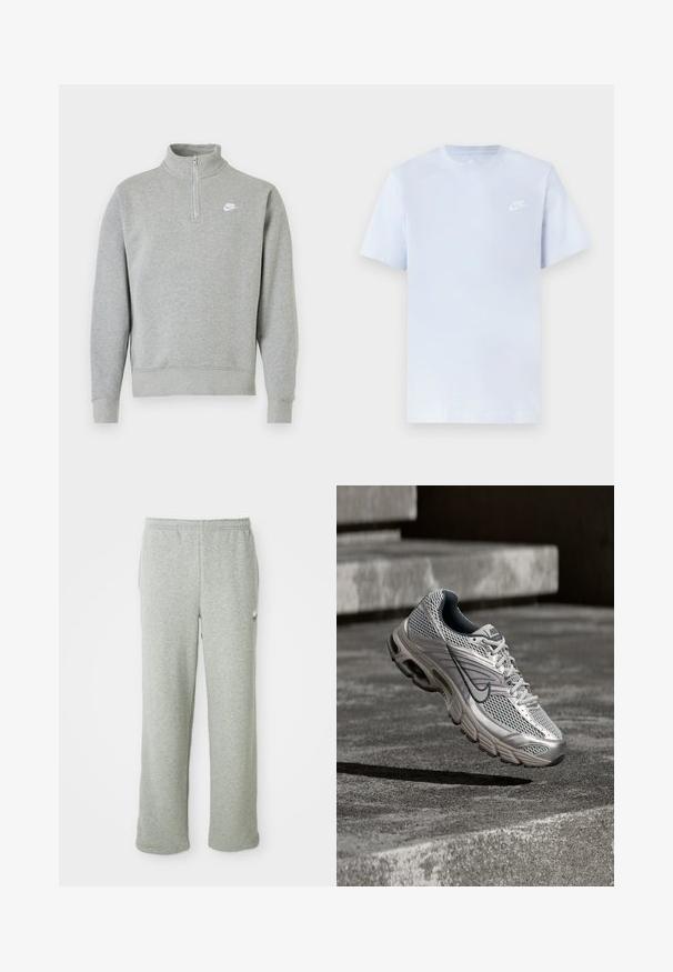 Grauer Sweatshirt mit halbseitigem Reißverschluss-Kragen, langen Ärmeln, gerippten Bündchen und Saum. Mit einem kleinen weißen Nike-Logo auf der Brust.; Hellblaue Baumwoll-T-Shirt mit kurzen Ärmeln, Rundhalsausschnitt und einem weißen Nike-Logo, das auf der linken Brust gedruckt ist. Glatte Textur, schlichtes Design.; Graue Jogginghose aus weichem Baumwollmischgewebe, mit elastischem Bund, geradem Bein und kleinem Logo auf der linken Seite.; Silberner und grauer Nike Laufschuh schwebt in der Luft über Betontreppen und zeigt Details des Mesh-Oberteils und der gepolsterten Sohle.