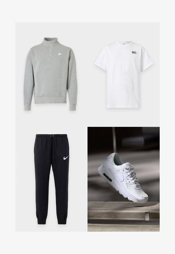 Hallide särk, millel on pool-etsi krae, pikad varrukad, soonilised mansetid ja alläär. Esiküljel on väike valge Nike logo.; Valge lühikeste varrukatega ümara kaelusega T-särk, millel vasakul rinnal väikese musta Nike swoosh logoga ristkülik.; Mustad mustad Nike'i dressid elastse vöökoha ja nööriga. Omandavad kitsenevad sääred ja vasakul reiel on valge tikandiga logo.; Valged Nike Air Max 90 sneakers, millel on võrkkangast ja nahast ülemine osa, aukudega varbadosa ning nähtav õhuüksus kandades.