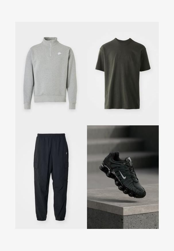 Hallide särk, millel on pool-etsi krae, pikad varrukad, soonilised mansetid ja alläär. Esiküljel on väike valge Nike logo.; Tumes roheline T-särk pehmest kangast, millel on ümar kaelus ja lühikesed varrukad. Tikkitud "nike" logo, mis on veidi tumedamat roheline.; Mustad mustad püksid kergest materjalist, elastse vöökoha, küljetaskute ja lõdva istuvuse ning elastsete mansettidega.; Must ja tumehall Nike jooksujalats, millel on valge Swooshi logo, ripub betoonist serva kohal ning taustal on trepid.