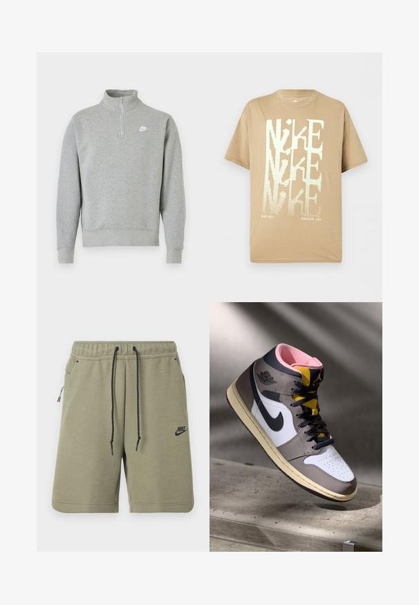 Sudadera gris con collar de media cremallera, mangas largas, puños y dobladillo acanalados. Presenta un pequeño logo blanco de Nike en el pecho.; Camiseta beige de manga corta de Nike con texto blanco grande "NIKE" superpuesto, y pequeño texto "NIKE INC." y "OREGON, USA" en la parte inferior.; Pantalones cortos Nike verde oliva con cordón negro, cintura elástica, bolsillos laterales y logo de Nike en la pierna izquierda.; Zapatilla alta Nike Air Jordan en blanco, gris y negro, con interior rosa y lengüeta amarilla, colocada sobre una superficie de concreto.