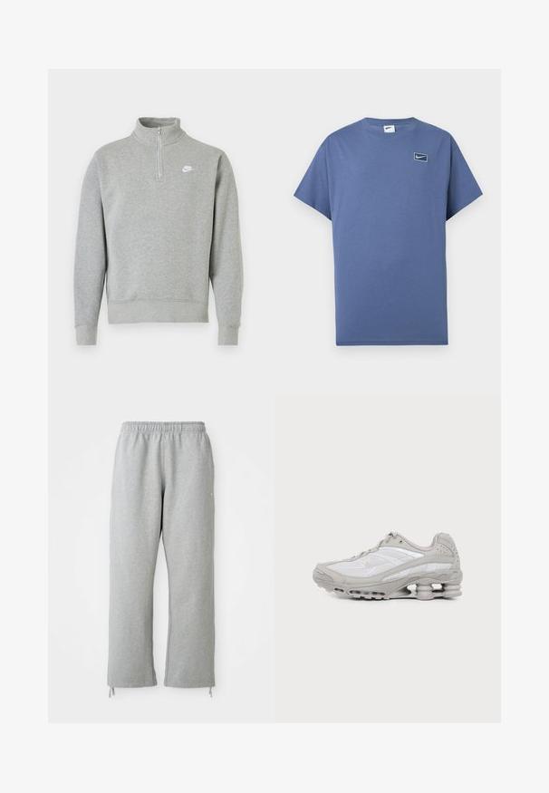 Grå sweatshirt med halvlynlås-krave, lange ærmer, ribbede manchetter og kant. Har et lille hvidt Nike-logo på brystet.; Blå kortærmet T-shirt med rund hals og et lille Nike swoosh-logo inde i en afrundet firkant på venstre bryst.; Grå sweatpants med elastisk talje, lige ben og snoretræk ved kanten. Fremstillet af blødt, struktureret stof.; Grå og hvid atletiksko med mesh-paneler, snørelukning og en unik fjedrende sål til stødabsorbering og støtte.