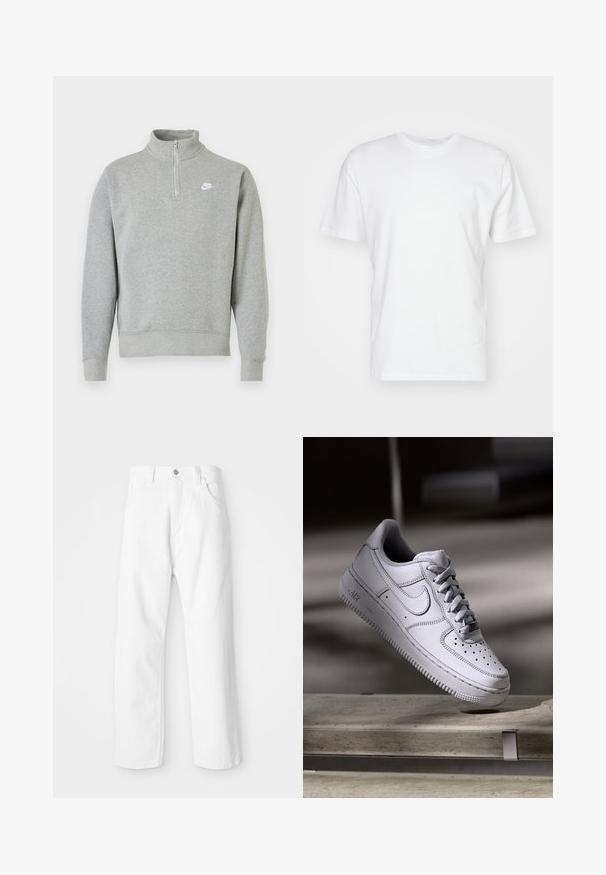 Grauer Sweatshirt mit halbseitigem Reißverschluss-Kragen, langen Ärmeln, gerippten Bündchen und Saum. Mit einem kleinen weißen Nike-Logo auf der Brust.; Weißes Baumwoll-T-Shirt mit kurzen Ärmeln, Rundhalsausschnitt und glatter Textur. Einfaches Design ohne Muster oder Grafiken.; Weiße Denim-Hosen mit geradem Bein, ausgestattet mit einem Frontknopf und einem Reißverschluss, fünf Taschen und einem sauberen, strukturierten Finish.; Weißer Nike Air Force 1 Sneaker aus Leder mit perforierter Zehenpartie, flachen Schnürsenkeln und strukturierter Gummisohle mit "AIR"-Branding an der Seite.