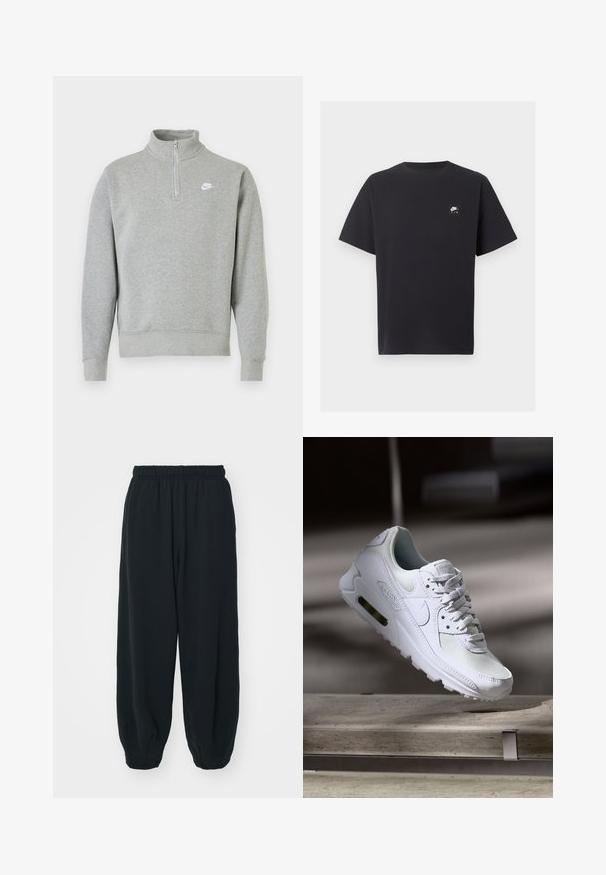 Grijze sweatshirt met een halve ritssluiting bij de kraag, lange mouwen, ribgebreide manchetten en zoom. Voorzien van een klein wit Nike-logo op de borst.; Zwart Nike Air T-shirt met korte mouwen, ronde hals en een klein wit logo op de linkerborst.; Zwarte, elastiche sweatpants met een losse pasvorm, manchetten aan de enkels, een zachte textuur en zonder zichtbare patronen of hardwareaccenten.; Witte Nike Air Max 90 sneaker met een bovenwerk van mesh en leer, een geperforeerde teenbox en een zichtbare luchtunit in de hiel.