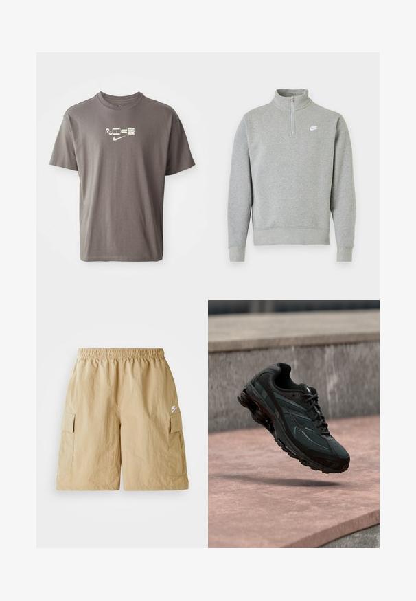 Grå sweatshirt med halvlynlås-krave, lange ærmer, ribbede manchetter og kant. Har et lille hvidt Nike-logo på brystet.; Brun kortærmet t-shirt med et lysfarvet "Nike" logo trykt på forsiden, med en afslappet og løs pasform.; Beige cargo shorts med elastisk talje, forlommer og et lille hvidt Nike-logo. Letvægtsstof med en krøllet tekstur.; Sort atletisk sneaker med synligt luftdæmpende mellemsål, der svæver over en pink stenoverflade med en grå stenvæg i baggrunden.
