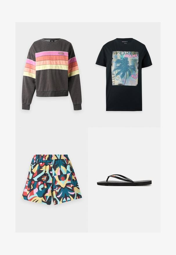 Sweat-shirt gris foncé avec des rayures horizontales roses, orange, pêche et jaunes au niveau de la poitrine et des manches, avec une petite écusson du logo Rip Curl.; T-shirt noir à manches courtes avec un motif de palmier bleu, texte rose et sarcelle indiquant "PALMS" et "ROXY," et un petit logo cœur rose.; Shorts multicolores avec une ceinture élastique, présentant un motif abstrait audacieux en nuances de noir, turquoise, rose, jaune et rouge.; Tongs noires avec semelle plate, présentant des fines brides et un matelas de pied texturé. Petit accent de logo sur la bride. Design simple et minimal.