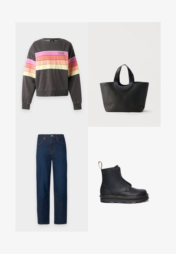 Mørkegrå sweatshirt med horisontale pink, orange, fersken- og gule striber på bryst og ærmer, med et lille Rip Curl logo mærke.; Mørkeblå jeans lavet af denim, med en lige ben-snit, fem-lomme design og kontrastsyningsdetaljer. Ingen pynt.; Sort læder ankelstøvle med elastiske sidepaneler, rund tå, kontrasterende gul syning og en kraftig gummisål.; Sort tekstureret totetaske med brede rundede håndtag med præget brandnavn "Samsøe Samsøe" på neutral baggrund.