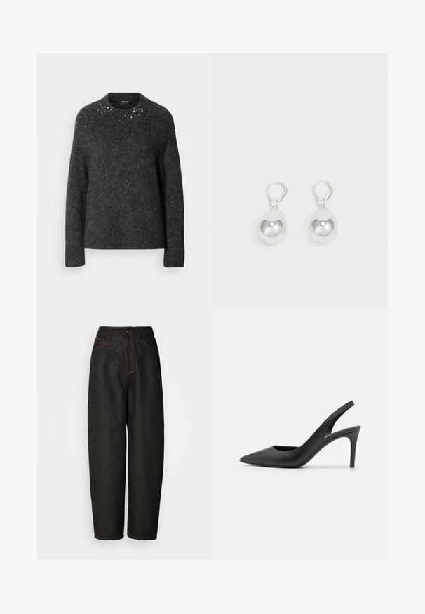 Pull en maille gris foncé avec un col rond, orné de légers éclats et de détails embellis autour du col.; Pantalons en denim noir au fit ample, avec une taille haute, des coutures orange et deux poches avant. Tissu texturé avec un subtil scintillement.; Escarpins à talon aiguille en cuir noir, avec un design à bout pointu, présentant une découpure à l'avant et un talon fin.; Boucles d'oreilles en argent en forme de goutte avec des surfaces lisses, rondes et réfléchissantes, suspendues à des fermoirs à ressort. L'arrière-plan est blanc uni.