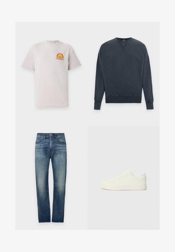 Dunkelgraues Sweatshirt mit Rundhalsausschnitt, langen Ärmeln, gerippten Bündchen und Saum sowie einem kleinen, unter dem Kragen aufgenähten dreieckigen Detail.; Hellgraues Baumwoll-T-Shirt mit Rundhalsausschnitt, das ein farbenfrohes "Lone Château Replay"-Grafikdesign in Orange und Blau auf der Brust zeigt.; Dunkelblaue Denim-Jeans mit geradem Bein, leicht ausgewaschen, fünf Taschen und Knopfverschluss am Bund.; Weiße Sneaker mit einer glatten Oberflächenstruktur, runder Zehenpartie und traditioneller Schnürung, im minimalistischen Design und mit Gummisohle.