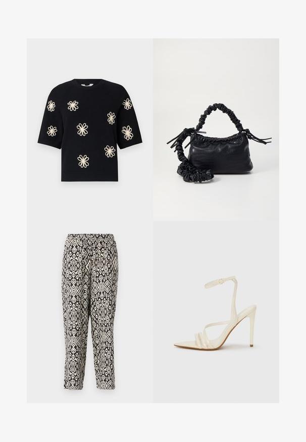 Suéter negro de punto de manga corta con patrones de flores en color crema bordados de manera uniforme en la parte delantera y con cuello y dobladillo acanalados.; Pantalones de patrón negro y crema. Cuentan con una cintura elástica y un diseño geométrico repetido con diamantes y motivos florales.; Sandalias de tacón alto beige con punta estrecha, que cuentan con tres tiras frontales y una tira delgada en el tobillo con hebilla. Textura lisa, diseño minimalista.; Bolso de mano de imitación cuero negro con textura de cocodrilo, parte superior fruncida y correa arrugada. Presenta un diseño suave y compacto.