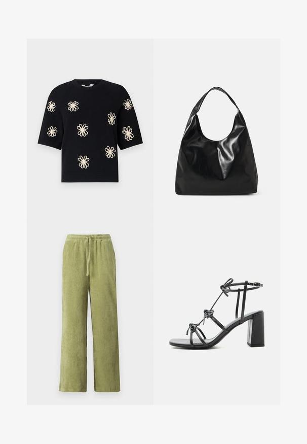 Suéter negro de punto de manga corta con patrones de flores en color crema bordados de manera uniforme en la parte delantera y con cuello y dobladillo acanalados.; Pantalones de pana verde con un diseño de pierna ancha, cinturilla elástica y detalle de cordón. Las líneas verticales en la tela crean textura.; Sandalia negra de tacón alto con tiras, tacón ancho, hebilla en el tobillo y nudos decorativos en finas tiras de cuero.; Bolso hobo de cuero negro con una textura suave y brillante y un diseño de parte superior redondeada y abierta. Cuenta con una amplia correa curvada para llevar. Sin hardware visible.