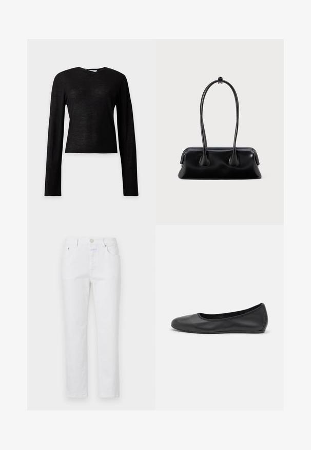 Pull léger noir à manches longues avec un col rond et un ourlet droit sur un fond uni gris clair.; Jeans en denim blanc avec une coupe droite, cinq poches et une fermeture à bouton en métal. Présente une texture subtile et des coutures légères.; Ballerines en cuir noir avec un bout rond, texture lisse, détails de couture minimalistes et design de semelle flexible.; Sac à main en cuir noir avec deux poignées allongées, une texture lisse et une base arrondie, ornée d'accents décoratifs sur les côtés.