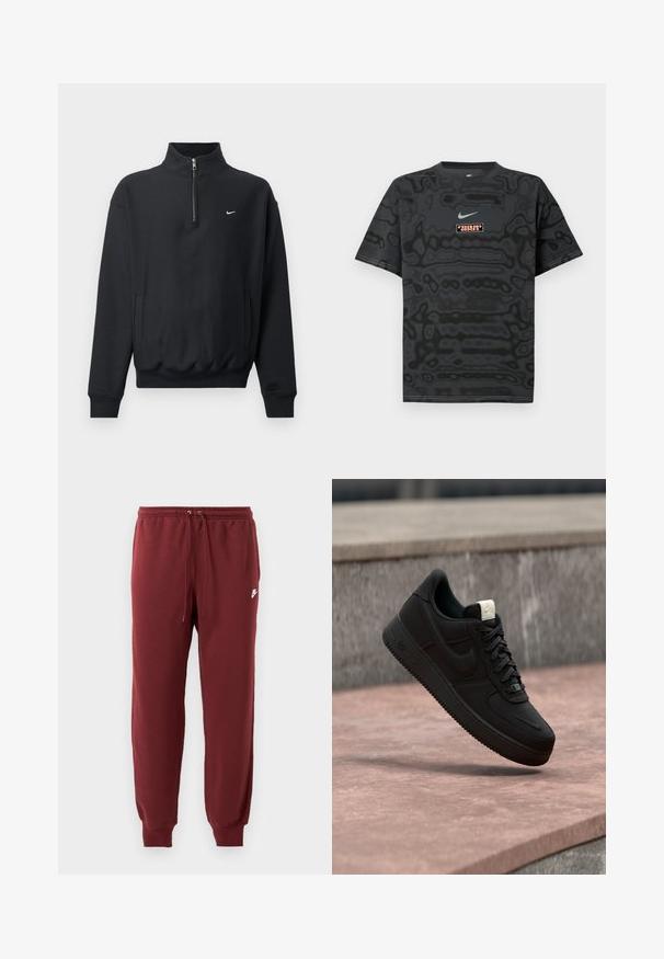 Zwarte sweatshirt met een hoge ritskraag, lange mouwen, zijzakken en een elastische tailleband. Voorzien van een klein wit Nike-logo op de borst.; Zwart T-shirt met een gestructureerd patroon, met een klein Nike-logo in lichtblauw en een rechthoekige logopatch in contrasterende kleuren.; Bordeauxkleurige sweatpants van zachte stof, met een elastische tailleband met aantrekkoord en taps toelopende boorden, gemarkeerd met een klein wit logo.; Zwarte Nike Air Force 1 sneaker die boven een roze betonnen richel zweeft met een grijze stenen achtergrond, met zij- en bovenzijde details.