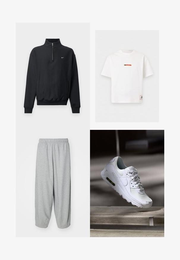 Čierna mikina s vysokým zipsom pri krku, dlhými rukávmi, bočnými vreckami a elastickým pásom. Na hrudi sa nachádza malé biele logo Nike.; Biele krátky rukáv Nike tričko s malým logom "Fussball" v čiernej a červenej farbe na hrudi a obdĺžnikovou nálepkou blízko spodného okraja.; Svetlošedé, voľné tepláky vyrobené z mäkkej tkaniny. Elastický pás a manžety na členkoch. Jednoduchý a nezdobený dizajn.; Biele tenisky Nike Air Max 90 s vrchnou časťou z kože a sieťoviny, perforovanou špičkou a viditeľnou vzduchovou jednotkou v päte.