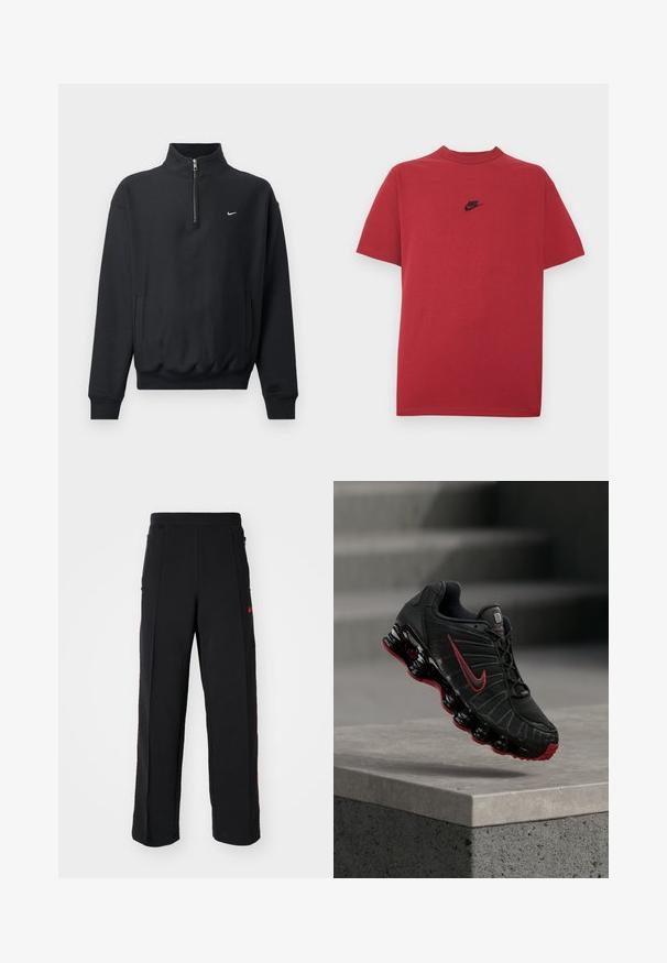 Čierna mikina s vysokým zipsom pri krku, dlhými rukávmi, bočnými vreckami a elastickým pásom. Na hrudi sa nachádza malé biele logo Nike.; Červené bavlnené tričko s čiernym logom Nike na hrudi, krátkymi rukávmi, okrúhlym výstrihom a pravidelným strihom. Hladká textúra.; Čierne tepláky so voľným strihom, ktoré majú červené akcenty a vrecká po stranách. Materiál vyzerá mäkko a má hladkú textúru.; Čierno-červená športová obuv Nike s viditeľnou pružinovou podrážkou, balansujúca na okraji betónového schodu.