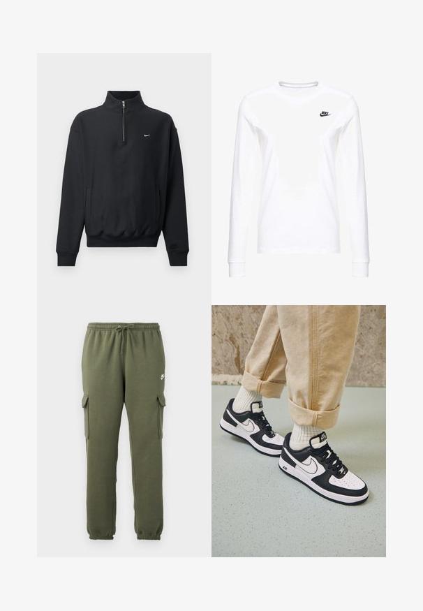 Schwarzer Sweatshirt mit hohem Reißverschlusskragen, langen Ärmeln, Seitentaschen und elastischem Bund. Mit einem kleinen weißen Nike-Logo auf der Brust.; Weißes Langarm-T-Shirt aus Baumwolle mit kleinem schwarzem Nike-Logo auf der linken Brust und rundem Halsausschnitt. Glatte Textur.; Olivgrüne Cargo-Hosen mit elastischem Bund, Kordelzugverschluss, Seitentaschen und logo auf dem Oberschenkel. Glattes Baumwollmischgewebe.; Schwarz-weiße Nike Air Force 1 Sneaker mit einem Obermaterial aus Leder, perforierter Zehenpartie und strukturiertem Sohlendesign, getragen mit aufgerollten beigen Hosen und weißen Socken.