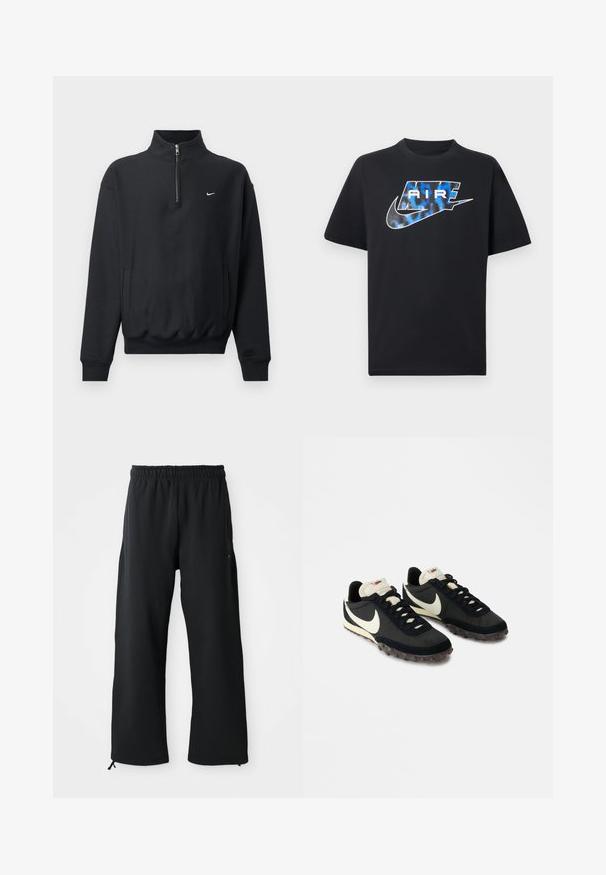 Schwarzer Sweatshirt mit hohem Reißverschlusskragen, langen Ärmeln, Seitentaschen und elastischem Bund. Mit einem kleinen weißen Nike-Logo auf der Brust.; Schwarzes T-Shirt mit kurzen Ärmeln, auf der Brust ist ein stilisierter "AIR"-Schriftzug in Blau und Weiß sowie das Nike-Swoosh-Logo abgebildet.; Schwarze weit geschnittene Hose aus weichem Stoff, mit elastischem Bund und Kordelzug, seitlichen Taschen und glatter Textur.; Schwarze Sportschuhe mit einer strukturierten Oberseite, weißem Swoosh-Logo und einer Gummisohle, die mit kleinen Noppen für besseren Halt ausgestattet ist. Beigefarbener Kragen.
