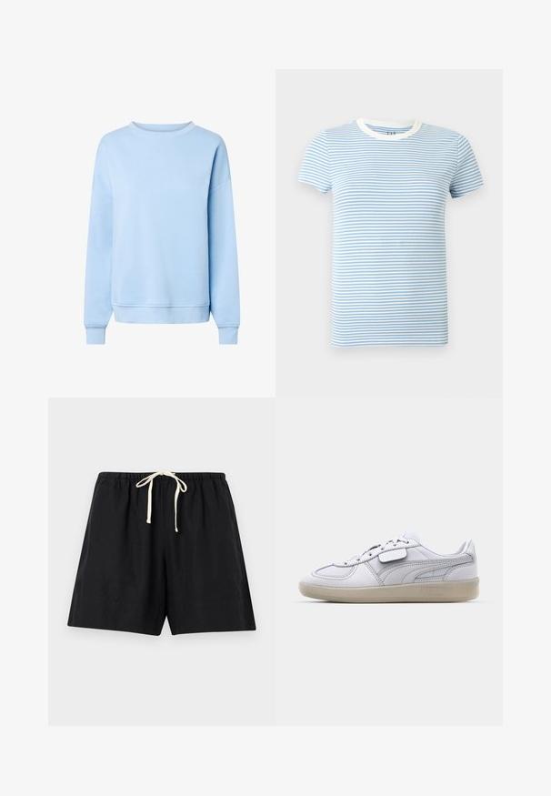 Sweat-shirt bleu clair à manches longues avec col rond, poignets et ourlet côtelés, présenté sur fond blanc.; T-shirt à manches courtes avec des rayures horizontales bleu clair et blanc, et un col ras du cou blanc.; Shorts noirs décontractés avec taille élastique et cordon de serrage blanc, posés à plat sur un fond gris clair.; Baskets blanches en cuir avec des accents gris, fermeture à lacets et semelle en caoutchouc texturée. Présente un logo bien en vue sur le côté.