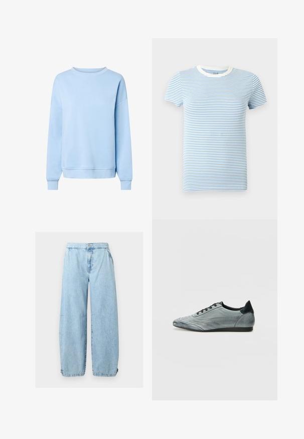 Sweat-shirt bleu clair à manches longues avec col rond, poignets et ourlet côtelés, présenté sur fond blanc.; T-shirt à manches courtes avec des rayures horizontales bleu clair et blanc, et un col ras du cou blanc.; Jean en denim bleu clair à jambes larges, fermeture par bouton et zip, poches latérales et cordons ajustables aux chevilles.; Baskets en cuir gris clair au design épuré, avec des détails cousus, des lacets noirs et un accent de talon foncé. Semelle en caoutchouc.
