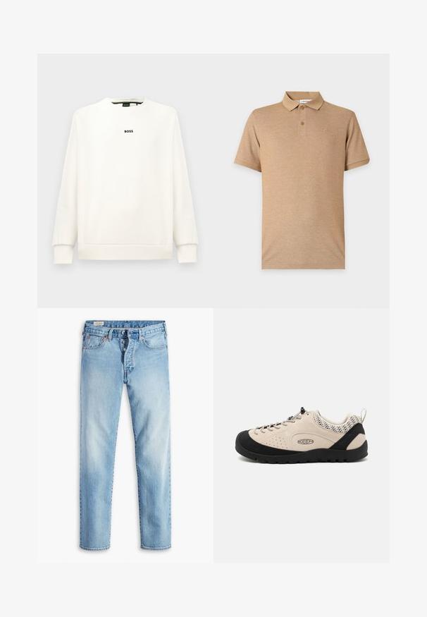 Sudadera blanca con cuello redondo, mangas largas, puños acanalados y dobladillo. Presenta un pequeño logo negro de "BOSS" en el pecho. Textura suave.; Polo beige de manga corta con dos botones y un logo bordado sutil en el pecho izquierdo, mostrado sobre un fondo liso.; Vaqueros de mezclilla azul claro con diseño de pierna recta, que cuentan con cinco bolsillos, trabillas para cinturón y cierre frontal con botones.; Zapato de ante beige con puntera y suela de goma negra, que presenta un diseño de cordones y acentos de malla transpirable en el talón.