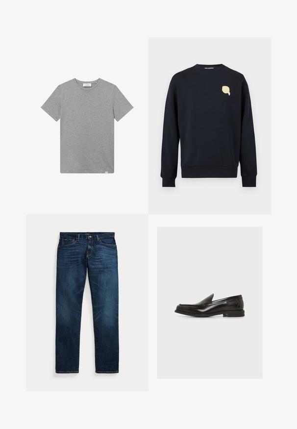 Schwarzes Sweatshirt mit Rundhalsausschnitt und langen Ärmeln, mit kleinem beigem Hand-Logo auf der linken Brust sowie gerippten Bündchen und Saum.; Graues kurzärmeliges T-Shirt aus einem Baumwoll-Mischgewebe. Es verfügt über einen runden Halsausschnitt und ein kleines Logodetail auf der linken Vorderseite.; Dunkelblaue Jeans aus Denim mit leichter Verblassung an Oberschenkeln und Taschen, Knopf- und Reißverschluss sowie Fünf-Taschen-Design, flach auf weißem Hintergrund ausgelegt.; Schwarzer Leder-Slipper mit niedrigem Absatz und abgesteppten Details, seitliches Label, auf schlichtem weißen Hintergrund.